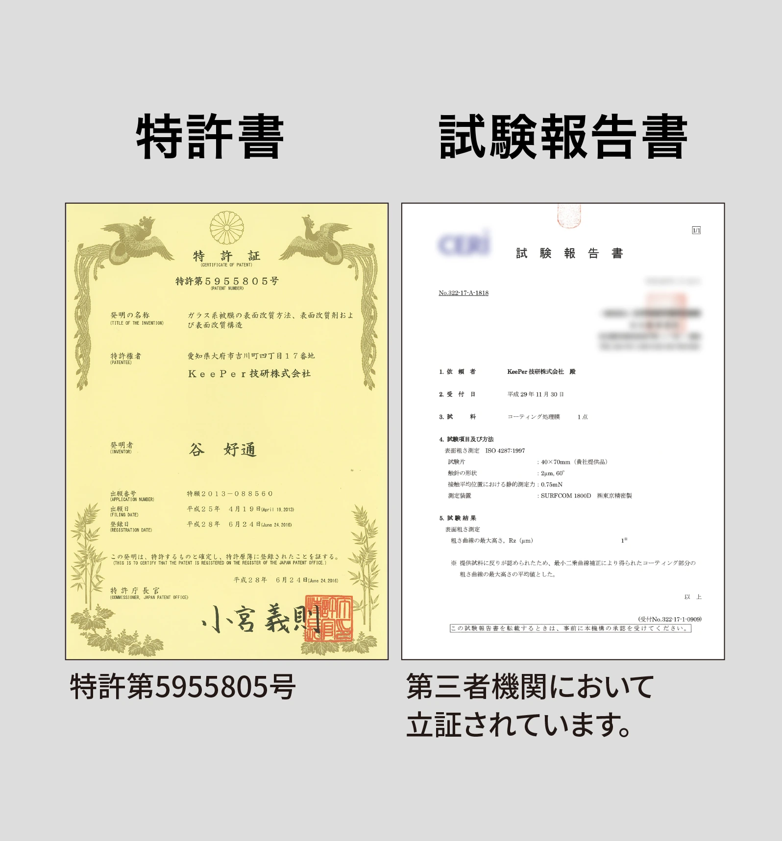 特許書と試験報告書