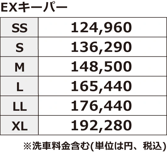 EXキーパー 施工料金 車両サイズ別の税込料金表