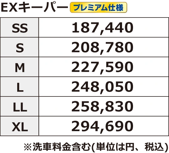 EXキーパープレミアム 施工料金 車両サイズ別の税込料金表